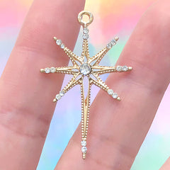 North Star Charm with Rhinestones | Polaris Pendant | Celestial Jewelry DIY (1 piece / Gold / 24mm x 38mm)