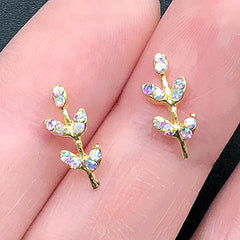 Tiny Leaf with Rhinestone Embellishments for Nail Art | Resin Piece Decoration | Resin Jewelry DIY (2 pcs / 5mm x 13mm)