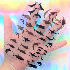 Black Whale Shark Dolphin Silhouettes Clear Film Sheet | Fish Embellishments for Resin Craft | Marine Life Resin Inclusions