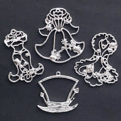 Fairy Tale Costume Open Bezel | Mad Hatter Pendant | Princess Dress Charm | Fairytale Deco Frame for UV Resin Filling (4 pcs / Silver)