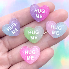 Hug Me Sweetheart Candy Cabochons | Faux Conversation Hearts | Fake Candies | Kawaii Sweet Decoden Supplies (5 pcs / Mix / 19mm x 16mm)