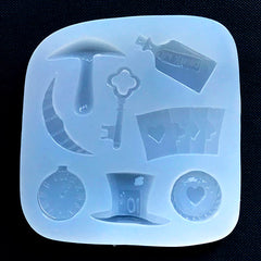 Kawaii Alice in Wonderland Silicone Mold Assortment (8 Cavity) | Drink Me Bottle Poker Cards Pocket Watch Key Mad Hatter Hat Mold