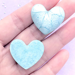 Cracked Heart Cabochon with Marble Pattern | Kawaii Puffy Heart Embellishments | Decoden Supplies (2 pcs / Blue / 27mm x 24mm)