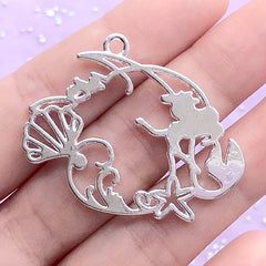 CLEARANCE Princess Mermaid Open Bezel Pendant | Fairy Tale Charm | Kawaii Deco Frame for UV Resin Filling (1 piece / Silver / 40mm x 33mm)