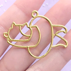 CLEARANCE Swimming Cat with Swim Ring Open Bezel | Kitty and Lifesaver Charm | Kawaii Deco Frame for UV Resin Crafts (1 piece / Gold / 41mm x 31mm)