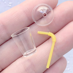 Miniature Dollhouse Frappuccino Cup with Dome Lid and Straw | Doll House Bubble Tea Cup | Doll Food Making (1 Set / Translucent Yellow / 14mm x 21mm)