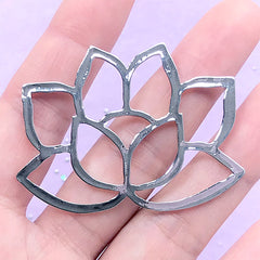 Large Lotus Flower Open Backed Bezel for UV Resin Jewelry Making | Padma Deco Frame (1 piece / Silver / 52mm x 38mm)