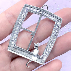Cat Looking Out Window Open Bezel Pendant with Movable Window Frame | Cute Kitty Deco Frame | UV Resin Jewelry DIY (1 piece / Silver / 36mm x 55mm)