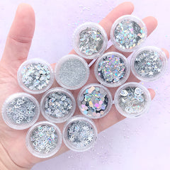 Silver Glitter Confetti Assortment in Various Shapes | Holographic Star Rhombus Moon Heart Flower Snowflake Hexagon Round Glitter Powder (12 boxes)