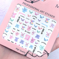 Kawaii Bear Plush Toy Decal Sheet in Rainbow Color | Animal Water Transfer Stickers | Resin Inclusion | Kawaii Nail Decoration