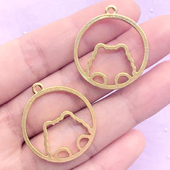 Kawaii Cat Circle Open Bezel Pendant | Pet Charm | Round Deco Frame for UV Resin Filling | Resin Craft Supplies (2 pcs / Gold / 26mm x 29mm)