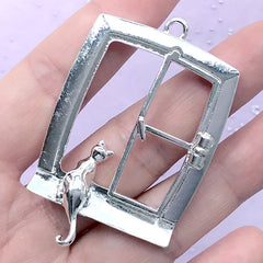 Cat Looking Out Window Open Bezel Pendant with Movable Window Frame | Cute Kitty Deco Frame | UV Resin Jewelry DIY (1 piece / Silver / 36mm x 55mm)