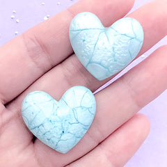 Cracked Heart Cabochon with Marble Pattern | Kawaii Puffy Heart Embellishments | Decoden Supplies (2 pcs / Blue / 27mm x 24mm)