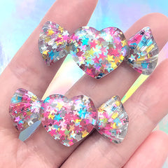 Heart Shaped Taffy Candy Decoden Cabochons with Holo Star Confetti | Kawaii Hair Bow Center | Cute Jewelry DIY (2 pcs / Colorful / 19mm x 43mm)