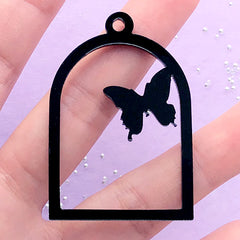 Butterfly and Bird Cage Open Back Bezel Charm | Black Acrylic Deco Frame | Kawaii UV Resin Craft (1 piece / Black / 34mm x 49mm / 2 Sided)