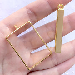Rectangular Deco Frame for Pressed Flower Jewelry DIY | Rectangle Open Bezel Charm for Resin Craft (2 pcs / Gold / 25mm x 39mm)