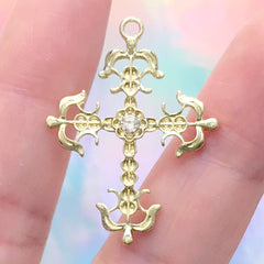 Fleury Cross Charm with Rhinestone | Floriated Cross Pendant | Religion Jewellery DIY Supplies (1 piece / Gold / 25mm x 33mm)