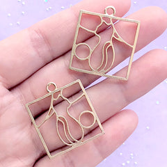 Cat in Square Frame Open Bezel Charm | Animal Deco Frame for UV Resin Filling | Kawaii Craft Supplies (2 pcs / Gold / 25mm x 29mm)