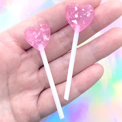 Lollipop Cabochon in Heart Shape | Faux Sweet Deco | Fake Candy Jewellery DIY | Kawaii Decoden Supplies (2 pcs / Pink / 18mm x 60mm)
