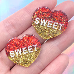 Sweet Heart Resin Cabochons | Glittery Decoden Embellishment | Kawaii Phone Case Decoration (2 pcs / Red Gold / 26mm x 23mm)