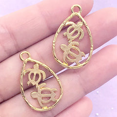 Double Sea Turtle Teardrop Open Bezel Charm | Marine Life Deco Frame for UV Resin Filling | Resin Craft Supplies (2 pcs / Gold / 18mm x 28mm)