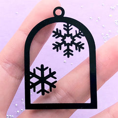 Snowflake and Bird Cage Open Bezel | Black Acrylic Charm | Christmas Deco Frame for Resin Filling (1 piece / Black / 34mm x 49mm / 2 Sided)