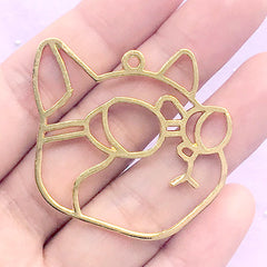 Kawaii Cat with Swim Goggles Open Bezel Pendant | Cute Animal Deco Frame for UV Resin Filling | Kitty Charm (1 piece / Gold / 41mm x 38mm)
