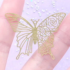 Butterfly with Rose Pattern Metal Bookmark | Butterfly Outline Charm | Insect Deco Frame for UV Resin Filling (1 piece / 39mm x 31mm)