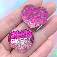 Sweet Conversation Heart Cabochons | Kawaii Decoden Embellishment | Glittery Hair Bow Centre | Toddler Jewellery DIY (2 pcs / Magenta Pink / 26mm x 23mm)