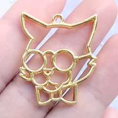 Cat with Eyeglasses Open Bezel Pendant | Kawaii Pet Charm | Deco Frame for UV Resin Filling (1 piece / Gold / 26mm x 31mm)
