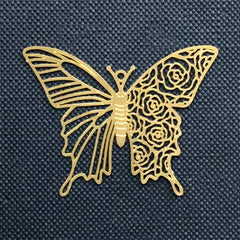 Butterfly with Rose Pattern Metal Bookmark | Butterfly Outline Charm | Insect Deco Frame for UV Resin Filling (1 piece / 39mm x 31mm)