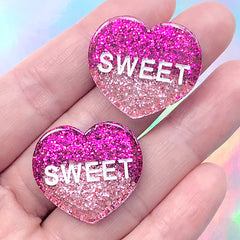 Sweet Conversation Heart Cabochons | Kawaii Decoden Embellishment | Glittery Hair Bow Centre | Toddler Jewellery DIY (2 pcs / Magenta Pink / 26mm x 23mm)