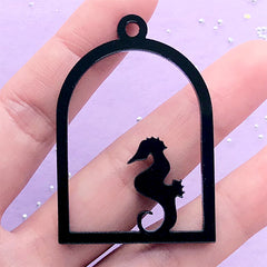 Seahorse Open Backed Bezel | Acrylic Bird Cage Deco Frame | Kawaii UV Resin Jewelry Supplies (1 piece / Black / 34mm x 49mm / 2 Sided)