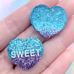 Sweetheart Decoden Cabochons with Glitter | Sweet Heart Embellishments | Kawaii Hair Bow Centre (2 pcs / Blue Purple / 26mm x 23mm)