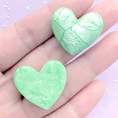 Puffy Heart Cabochon with Marble Pattern | Cracked Heart Embellishment | Kawaii Decoden (2 pcs / Green / 27mm x 24mm)