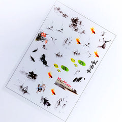 Animal and Nature in Chinese Painting Style Clear Film Sheet | Oriental Embellishments | Resin Inclusions | UV Resin Craft Supplies