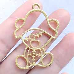 Pirate Bear Open Bezel Charm | Animal Deco Frame for UV Resin Filling | Kawaii Jewelry Supplies (1 piece / Gold / 30mm x 44mm)