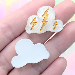 Cloud with Lightning Cabochon | Thunderstorm Weather Embellishment | Kawaii Decoden Craft Supplies (3 pcs / White & Gold / 27mm x 19mm)