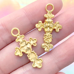 Cathedral Cross Charm | Budded Cross Pendant | Religion Jewelry Supplies (2 pcs / Gold / 17mm x 30mm)