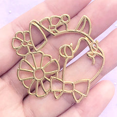 Flower Cat Open Bezel Charm | Kawaii Kitty Deco Frame for UV Resin Filling | Floral Animal Pendant (1 piece / Gold / 45mm x 41mm)