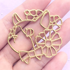 Flower Cat Open Bezel Charm | Kawaii Kitty Deco Frame for UV Resin Filling | Floral Animal Pendant (1 piece / Gold / 45mm x 41mm)