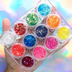 Iridescent Rainbow Glitter | Aurora Borealis Confetti Sprinkles | Magical Resin Inclusions | Holo Star Heart Hexagon Flakes (Set of 12 AB Colors)