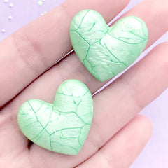 Puffy Heart Cabochon with Marble Pattern | Cracked Heart Embellishment | Kawaii Decoden (2 pcs / Green / 27mm x 24mm)