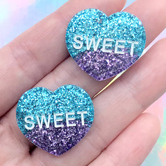 Sweetheart Decoden Cabochons with Glitter | Sweet Heart Embellishments | Kawaii Hair Bow Centre (2 pcs / Blue Purple / 26mm x 23mm)