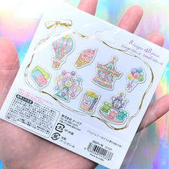 Theme Park Sticker Flakes | Fairytale Deco Stickers | Carousel Ferris Wheel Hot Air Balloon Ice Cream Popcorn Stickers (8 Designs / 48 Pieces)