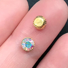 5mm Faceted Round Glass Rhinestones with Setting | Sparkle Embellishments for Nail Art | Kawaii Jewelry Making Supplies (4 pcs / AB Clear)