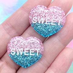Glittery Sweet Heart Decoden Cabochons | Kawaii Resin Embellishment | Cute Hair Bow Center | Toddler Jewelry DIY (2 pcs / Pink Blue / 26mm x 23mm)