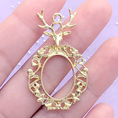 3D Reindeer Head with Oval Filigree Frame Open Bezel | Christmas Deco Frame for UV Resin Filling (1 piece / Gold / 25mm x 41mm)