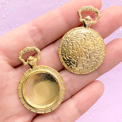 Round Pocket Watch Bezel Tray with Filigree Pattern | 20mm Cabochon Setting | Cameo Holder | Memory Pendant (2pcs / Gold)