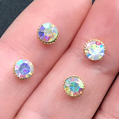 5mm Faceted Round Glass Rhinestones with Setting | Sparkle Embellishments for Nail Art | Kawaii Jewelry Making Supplies (4 pcs / AB Clear)